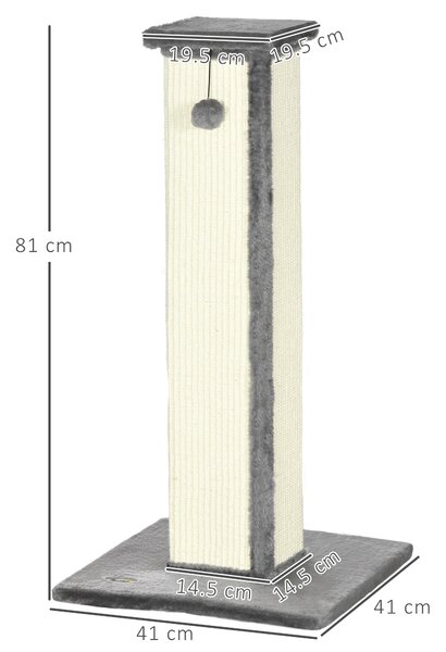 PawHut Stâlp de zgâriat pentru Pisici cu Minge Suspendată și Înveliș din Pluș, 41x41x81 cm, Gri | Aosom Romania
