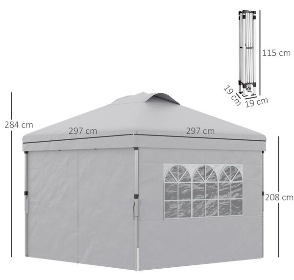 Outsunny Pavilion Pliabil cu Înălțime Reglabilă, Ușă, 2 Ferestre și Geantă de Transport, 297x297x284 cm, Gri Deschis | Aosom Romania