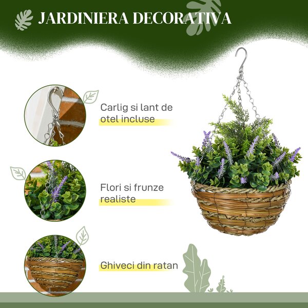 Outsunny Set 2 Plante Artificiale de Lavandă cu Ghiveci și Cârlig, Ø25x34 cm, Verde și Violet | Aosom Romania