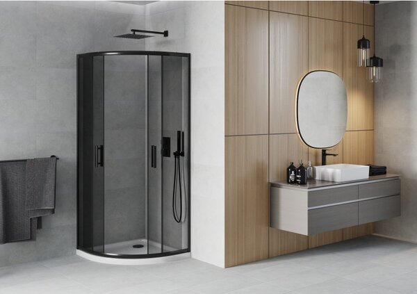 Mexen Rio, duș pătrat cu ușă glisantă 90 (uşă) x 90 (uşă) x 190 cm, sticlă gri 6 mm, profil negru + cadă de duș albă Slim, 863-090-090-70-40-4110B