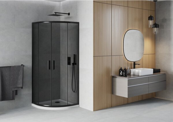 Mexen Rio, duș pătrat cu ușă glisantă 90 (uşă) x 90 (uşă) x 190 cm, sticlă gri 6 mm, profil negru + cadă de duș albă Slim, 863-090-090-70-40-4110B