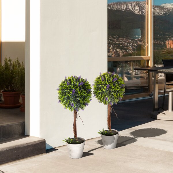 HOMCOM Set 2 Plante Artificiale Sferice cu Flori de Lavandă şi Vas, Ø24x60 cm, Verde | Aosom Romania
