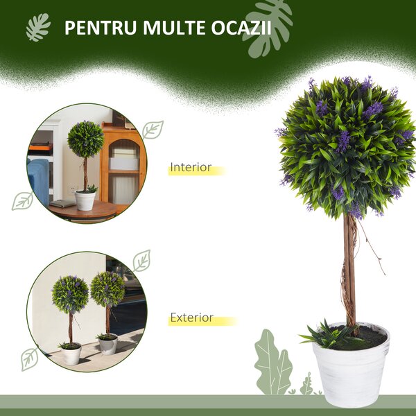 HOMCOM Set 2 Plante Artificiale Sferice cu Flori de Lavandă şi Vas, Ø24x60 cm, Verde | Aosom Romania