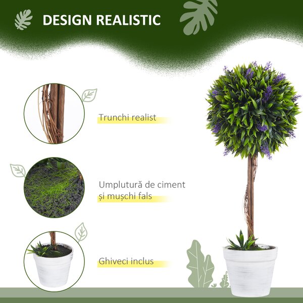 HOMCOM Set 2 Plante Artificiale Sferice cu Flori de Lavandă şi Vas, Ø24x60 cm, Verde | Aosom Romania