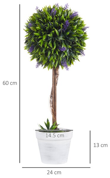 HOMCOM Set 2 Plante Artificiale Sferice cu Flori de Lavandă şi Vas, Ø24x60 cm, Verde | Aosom Romania