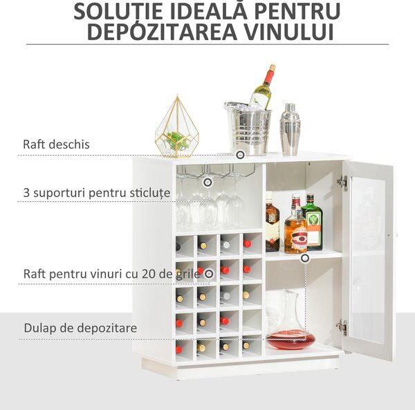 HOMCOM Dulap pentru Sticle cu Suport pentru Pahare și Sticle de Vin, 80x36x85 cm, Alb | Aosom Romania