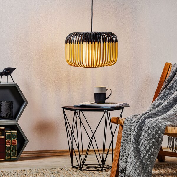 Forestier Lampă suspendată Bamboo S, Ø 35 cm, negru, reglabil, Negru, Camera de zi / sufragerie, Bamboo, Design