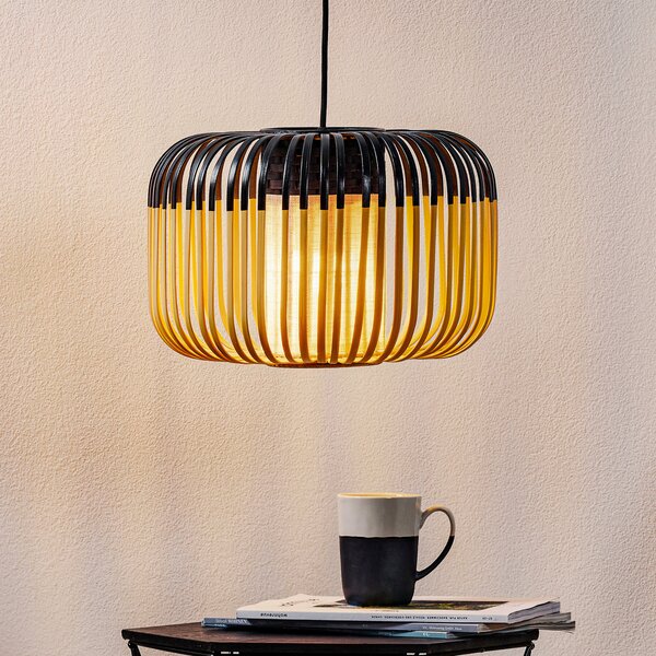Forestier Lampă suspendată Bamboo S, Ø 35 cm, negru, reglabil, Negru, Camera de zi / sufragerie, Bamboo, Design