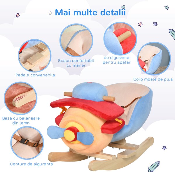 HOMCOM Avion Balansoar din Plus Moale leagan Captusit si Lemn Masiv cu Centura de Siguranta, jucarii pentru copii | Aosom Romania
