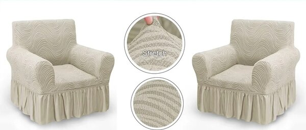 Set 2 Huse elastice pentru fotolii, cu volanas si model Jacquard Bej deschis in dungi