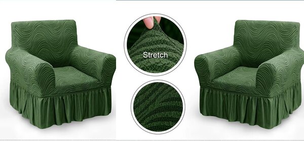 Set 2 Huse elastice pentru fotolii, cu volanas si model Jacquard Verde in dungi