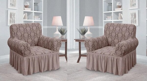 Set 2 Huse elastice pentru fotolii, cu volanas si model Jacquard Cappuccino