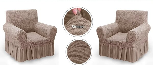 Set 2 Huse elastice pentru fotolii, cu volanas si model Jacquard Cappuccino in dungi