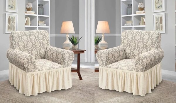 Set 2 Huse elastice pentru fotolii, cu volanas si model Jacquard Bej Deschis