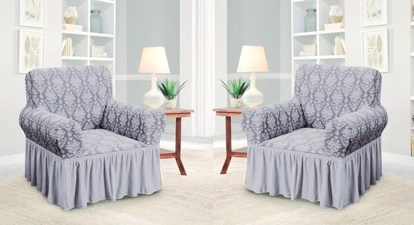 Set 2 Huse elastice pentru fotolii, cu volanas si model Jacquard Gri