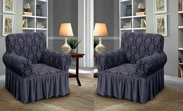 Set 2 Huse elastice pentru fotolii, cu volanas si model Jacquard Cenusiu