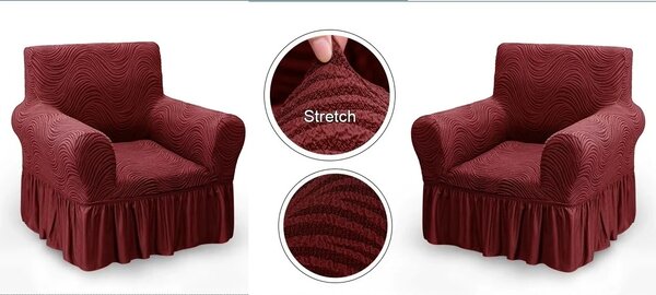Set 2 Huse elastice pentru fotolii, cu volanas si model Jacquard Bordo in dungi