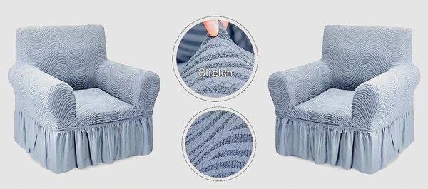 Set 2 Huse elastice pentru fotolii, cu volanas si model Jacquard Gri in dungi