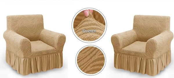 Set 2 Huse elastice pentru fotolii, cu volanas si model Jacquard Bej in dungi