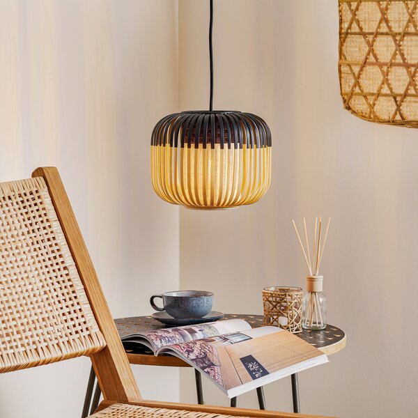 Forestier Lampă suspendată Bamboo XS, Ø 27 cm, negru, reglabil, Negru, Camera de zi / sufragerie, Bamboo, Design