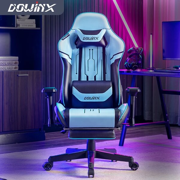 DOWINX Scaun gaming, ergonomic, pernă lombară cu masaj, spatar inalt, suport pentru picioare, piele PU matlasata, respirabila, cotiere 4D, rezistent 150 kg, Albastru