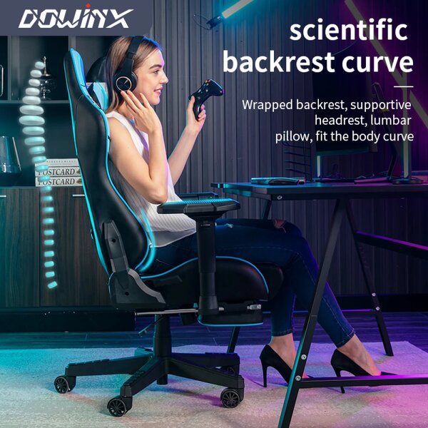 DOWINX Scaun gaming, ergonomic, pernă lombară cu masaj, spatar inalt, suport pentru picioare, piele PU matlasata, respirabila, cotiere 4D, rezistent 150 kg, Albastru