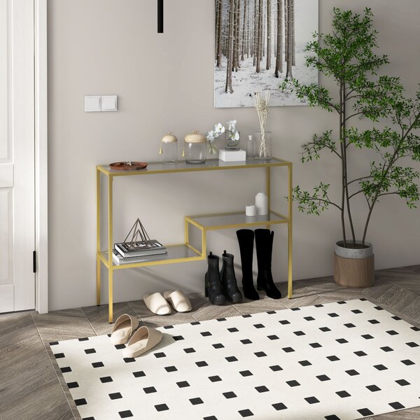 HOMCOM Consolă Aurie cu Masă de Cafea din Sticlă Temperată 100 cm, Rafturi de Depozitare, Design Elegant pentru Hol | Aosom Romania