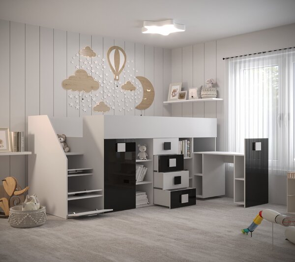Pat multifuncțional 90 cm Toreno 3 (Alb + alb lucios + mânere alb lucios) (S). 1083329