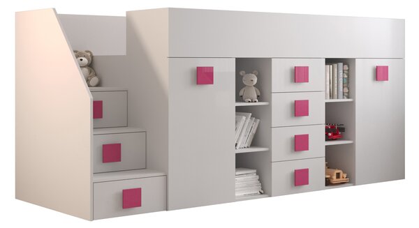 Pat multifuncțional 90 cm Toreno 3 (Alb + alb lucios + mânere roz lucios) (S). 1083333