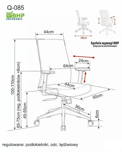 Scaun birou Q-085, negru, piele ecologică, 64x44x100 cm