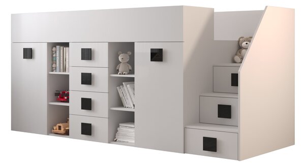 Pat multifuncțional 90 cm Toreno 3 (Alb + alb lucios + mânere negru lucios) (D). 1083336