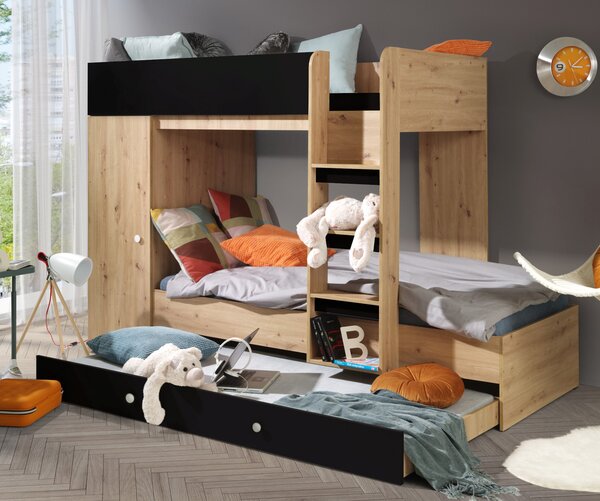 Pat pentru copii combinat 90 cm Sami 2 (Stejar artisan + negru mat + mânere albe). 1085814