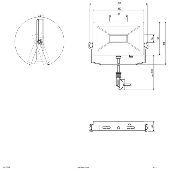 EVN LFA proiector de exterior cu priză argintie 5,700K 30W, Gri, Metal, Spot de perete