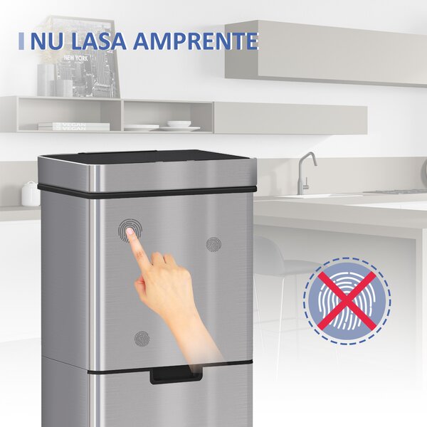 Cos de gunoi inteligent cu senzor HOMCOM, Capacitate 72 l, 42x30x81cm, Inox / ABS, Argintiu | Aosom Romania