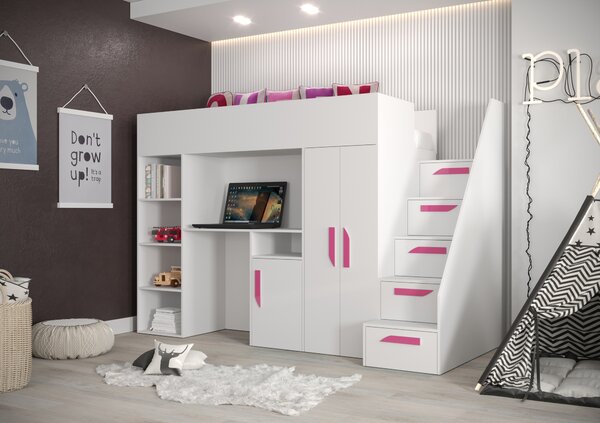 Pat pentru copii combinat 90 cm Puro 14 (alb mat + alb lucios + mânere roz). 1087091