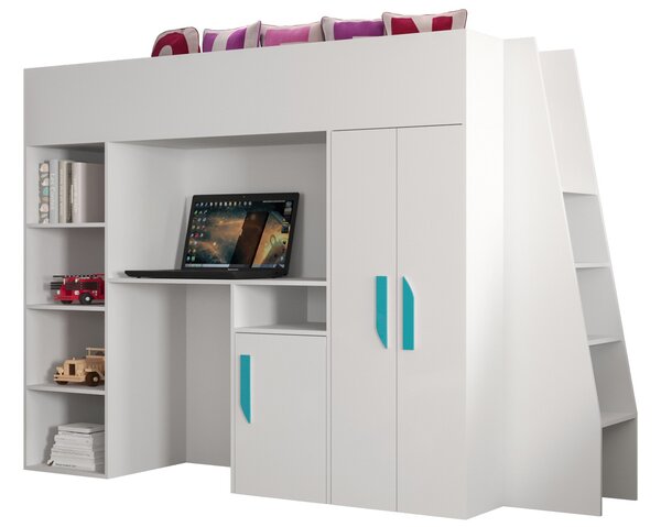 Pat pentru copii combinat 90 cm Puro 15 (alb mat + alb lucios + mânere Turcoaz). 1087099