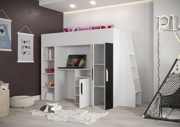 Pat pentru copii combinat 90 cm Puro 15 (alb mat + alb lucios + mânere Turcoaz). 1087099
