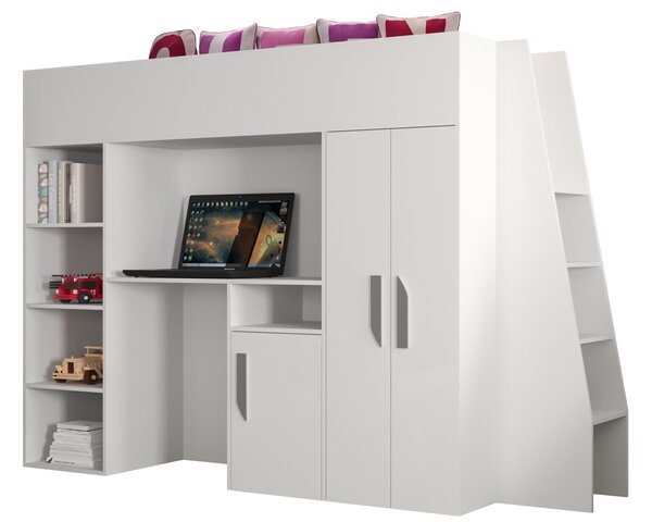 Pat pentru copii combinat 90 cm Puro 15 (alb mat + alb lucios + mânere gri). 1087101