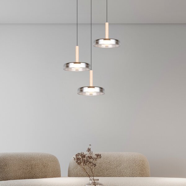 Trio Lighting Lampă suspendată LED Celeste, crom/lemn, Ø 35 cm 3 becuri din sticlă dim, reglabil, Metalic, Camera de zi / sufragerie, Sticlă, Modern
