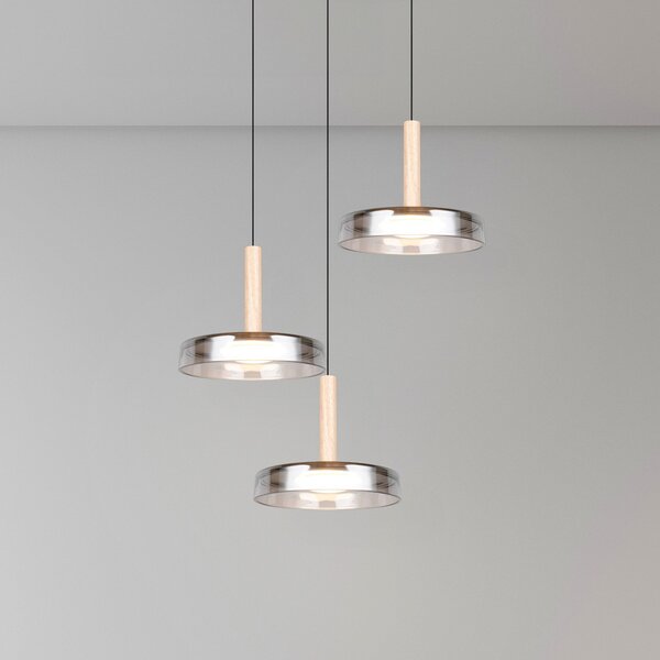 Trio Lighting Lampă suspendată LED Celeste, crom/lemn, Ø 35 cm 3 becuri din sticlă dim, reglabil, Metalic, Camera de zi / sufragerie, Sticlă, Modern