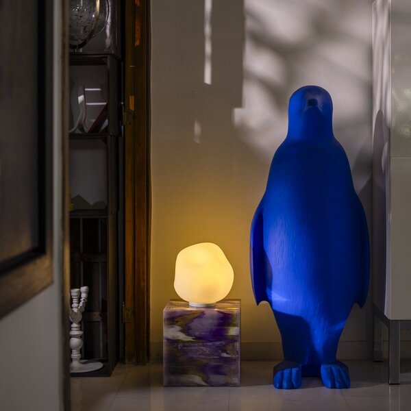 Foscarini Lampa de masă Hoba Media, Ø 24 cm, pornită/oprită, sticlă, Alb, Camera de zi / sufragerie, Sticlă, Design