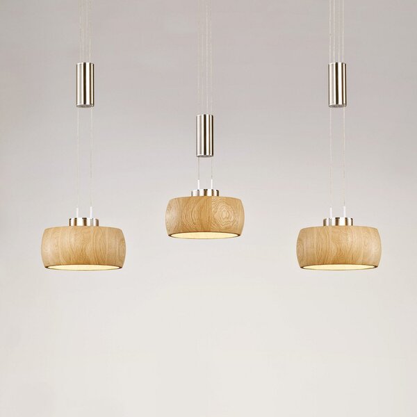 FISCHER & HONSEL Lampă suspendată LED Shine-Wood, stejar/nichel, lungime 100 cm 3 becuri., reglabil, Lemn, Camera de zi / sufragerie, Lemn, Modern