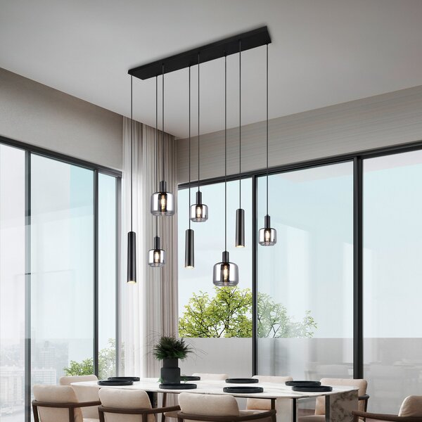 Trio Lighting Lampă suspendată Mataro, crom/negru, 118 cm, 8 becuri sticlă/metal, reglabil, Negru, Camera de zi / sufragerie, Sticlă, Modern
