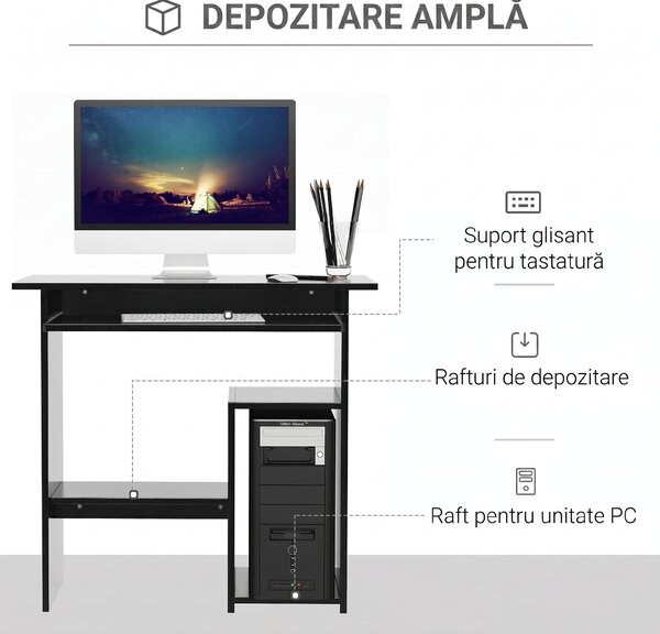 HOMCOM Birou pentru Calculator cu Raft pentru Unitate Centrală și Raft Detașabil pentru Tastatură, 80x45x75 cm, Negru | Aosom Romania