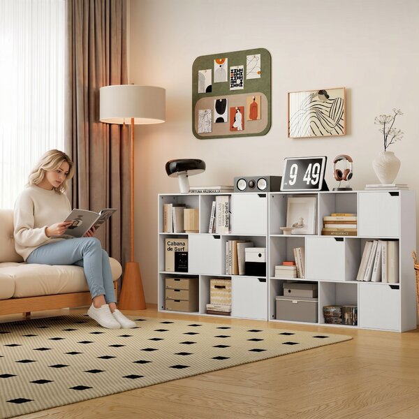 HOMCOM Bibliotecă cu Cuburi cu 6 Secțiuni Deschise și 3 Închise din Lemn Alb | Aosom Romania