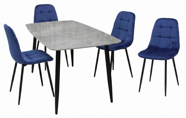Set Masă Atlas Marble Gri cu 4 Scaune Gya Albastru, Blat din Piatră Sinterizată, 120 × 77,5 × 72 cm