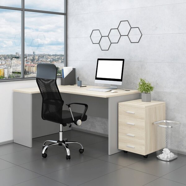 Set mobilier birou SimpleOffice 2, 140 cm, stanga, stejar deschis / gri
