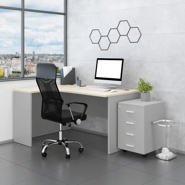 Set mobilier birou SimpleOffice 2, 140 cm, stanga, gri/stejar deschis