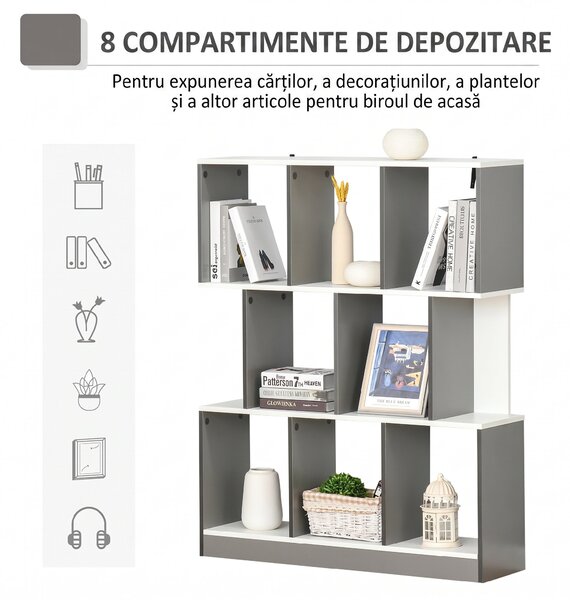 HOMCOM Bibliotecă Mobilă cu 8 Rafturi pentru Sufragerie și Dormitor, 100x24x124 cm, Gri Închis | Aosom Romania