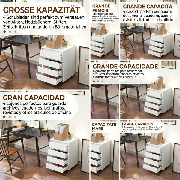 HOMCOM Comodă de Birou cu 4 Sertare și Roți pentru Studiu 46x40x65 cm Alb | Aosom Romania
